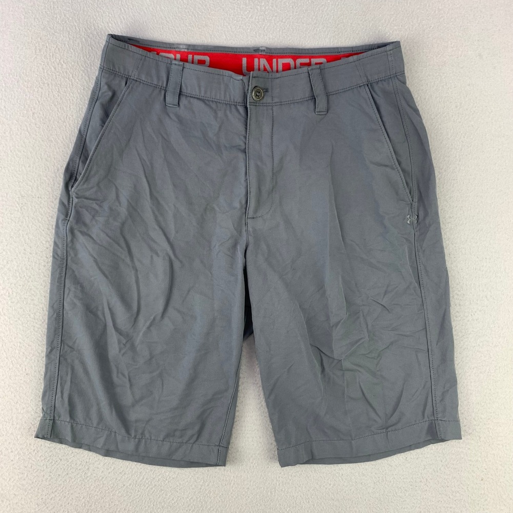 Under Armour Gray Athletic Performance Shorts with Red Waistband Accent